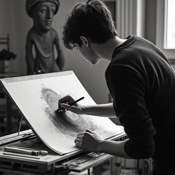 Student working on a classical charcoal tonal study in the studio